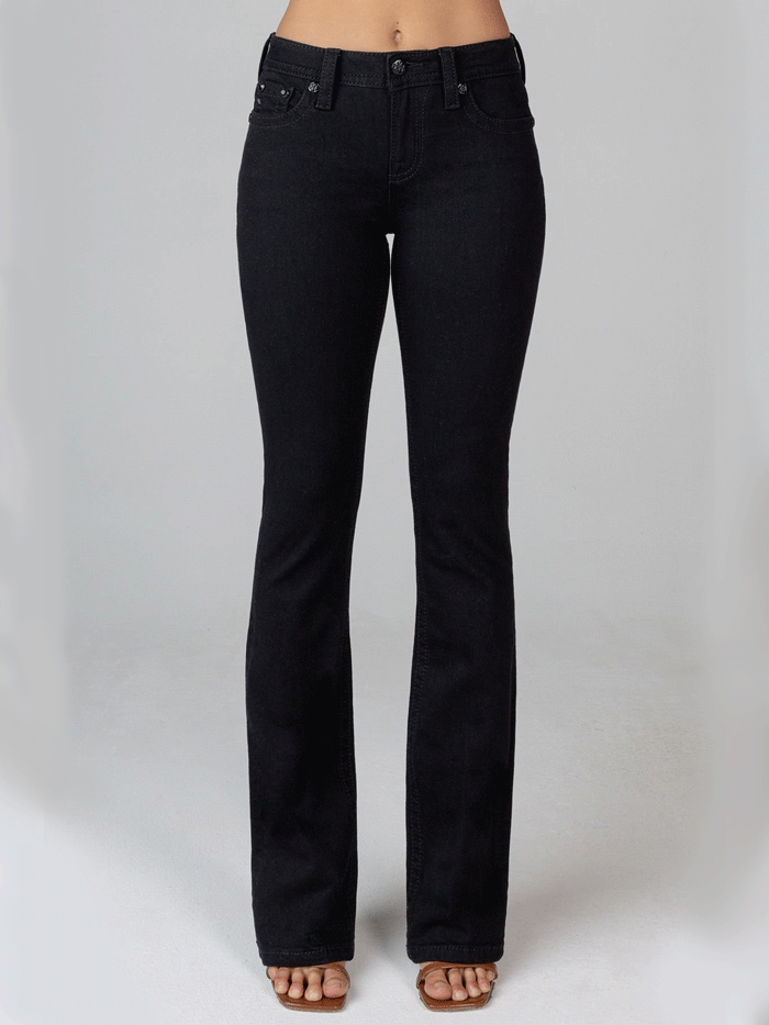 Miss Me M3080B50 Womens Mid-Rise Boot Jean Black back view. If you need any assistance with this item or the purchase of this item please call us at five six one seven four eight eight eight zero one Monday through Saturday 10:00a.m EST to 8:00 p.m EST
