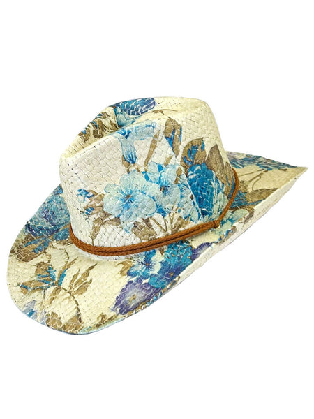 Rockmount 2121 Womens Print Straw Western Cowgirl Hat Violet And Green side / front view. If you need any assistance with this item or the purchase of this item please call us at five six one seven four eight eight eight zero one Monday through Saturday 10:00a.m EST to 8:00 p.m EST