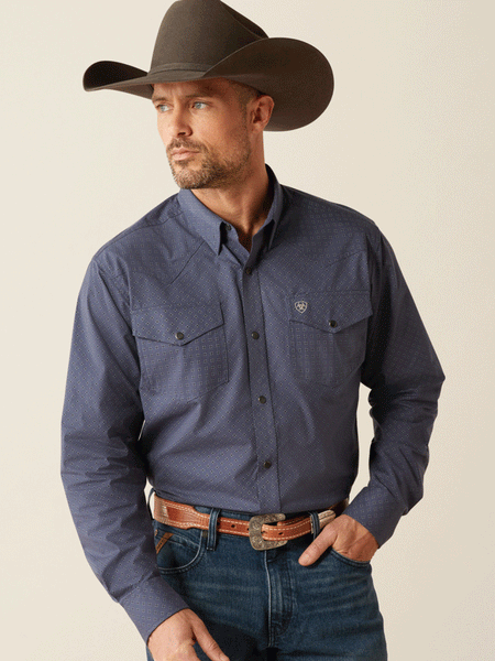 Ariat 10053938 Mens Relentless Pursuit Classic Fit Shirt Navy front view. If you need any assistance with this item or the purchase of this item please call us at five six one seven four eight eight eight zero one Monday through Saturday 10:00a.m EST to 8:00 p.m EST