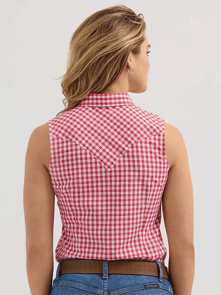 Wrangler 112362261 Womens Essential Western Snap Plaid Tank Red back view. If you need any assistance with this item or the purchase of this item please call us at five six one seven four eight eight eight zero one Monday through Saturday 10:00a.m EST to 8:00 p.m EST