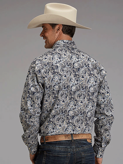 Stetson 11-001-0425-2051 Mens Paisley Print Western Shirt Blue back view. If you need any assistance with this item or the purchase of this item please call us at five six one seven four eight eight eight zero one Monday through Saturday 10:00a.m EST to 8:00 p.m EST
