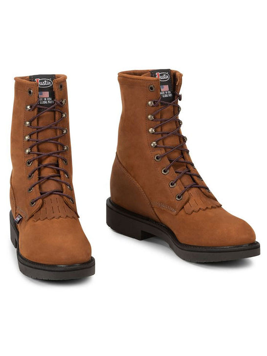 Justin 760 Mens CONDUCTOR 8" Lace Up Work Boot Hazel Brown front and inner side view pair. If you need any assistance with this item or the purchase of this item please call us at five six one seven four eight eight eight zero one Monday through Saturday 10:00a.m EST to 8:00 p.m EST