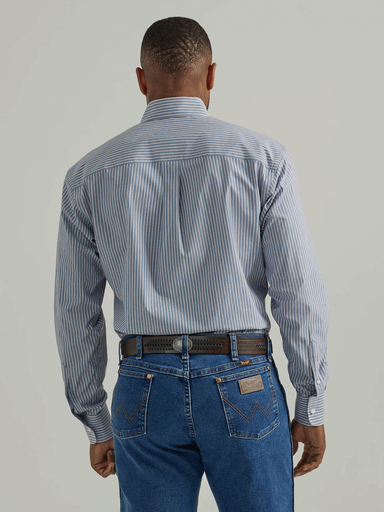 Wrangler 112331807 George Strait Collection Button Down Western Shirt Steel Blue Stripe back view. If you need any assistance with this item or the purchase of this item please call us at five six one seven four eight eight eight zero one Monday through Saturday 10:00a.m EST to 8:00 p.m EST