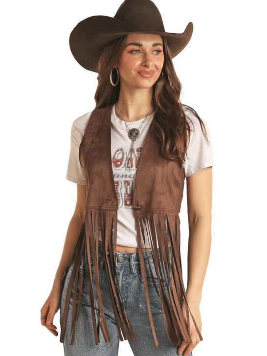 Rock & Roll Denim BW98T02715 Womens Fringe Vest Dark Brown front view. If you need any assistance with this item or the purchase of this item please call us at five six one seven four eight eight eight zero one Monday through Saturday 10:00a.m EST to 8:00 p.m EST