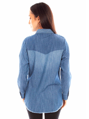 Scully HC838-DEN Womens Embroidered Denim Blouse Blue back view. If you need any assistance with this item or the purchase of this item please call us at five six one seven four eight eight eight zero one Monday through Saturday 10:00a.m EST to 8:00 p.m EST