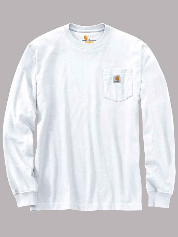 Carhartt K126-WHT Mens Loose Fit Heavyweight Long Sleeve Pocket Shirt White front on model