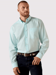 Ariat 10071537 Mens Wrinkle Free Solid Pinpoint Oxford Classic Fit Shirt Angel Blue front view. If you need any assistance with this item or the purchase of this item please call us at five six one seven four eight eight eight zero one Monday through Saturday 10:00a.m EST to 8:00 p.m EST
