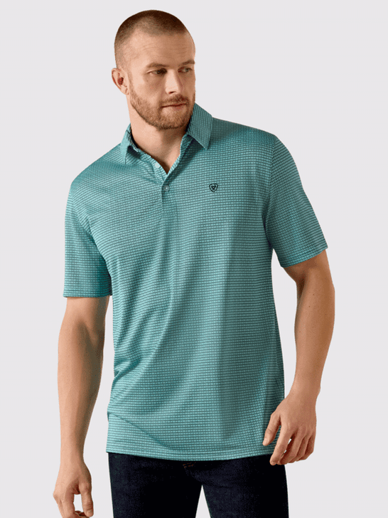 Ariat 10071492 Mens All Over Print Polo Mod Geo Print Angel Blue front view. If you need any assistance with this item or the purchase of this item please call us at five six one seven four eight eight eight zero one Monday through Saturday 10:00a.m EST to 8:00 p.m EST
