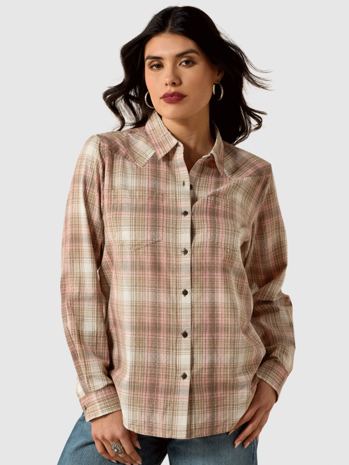Ariat 10071524 Womens Billie Jean Shirt White Pepper Coral Plaid front view. If you need any assistance with this item or the purchase of this item please call us at five six one seven four eight eight eight zero one Monday through Saturday 10:00a.m EST to 8:00 p.m EST
