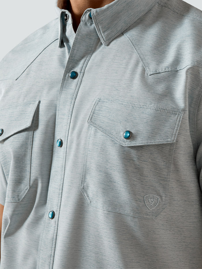 Ariat 10071255 Mens VentTEK Western Fitted Shirt Blue Heather front view. If you need any assistance with this item or the purchase of this item please call us at five six one seven four eight eight eight zero one Monday through Saturday 10:00a.m EST to 8:00 p.m EST