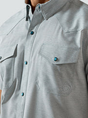 Ariat 10071255 Mens VentTEK Western Fitted Shirt Blue Heather front close up. If you need any assistance with this item or the purchase of this item please call us at five six one seven four eight eight eight zero one Monday through Saturday 10:00a.m EST to 8:00 p.m EST