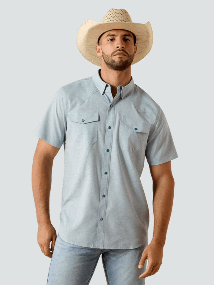 Ariat 10071255 Mens VentTEK Western Fitted Shirt Blue Heather front view. If you need any assistance with this item or the purchase of this item please call us at five six one seven four eight eight eight zero one Monday through Saturday 10:00a.m EST to 8:00 p.m EST