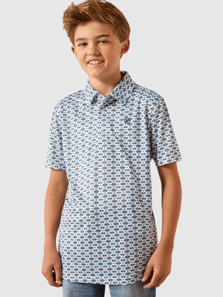 Ariat 10071206 Kids All Over Print Polo Southwest Space White front view. If you need any assistance with this item or the purchase of this item please call us at five six one seven four eight eight eight zero one Monday through Saturday 10:00a.m EST to 8:00 p.m EST
