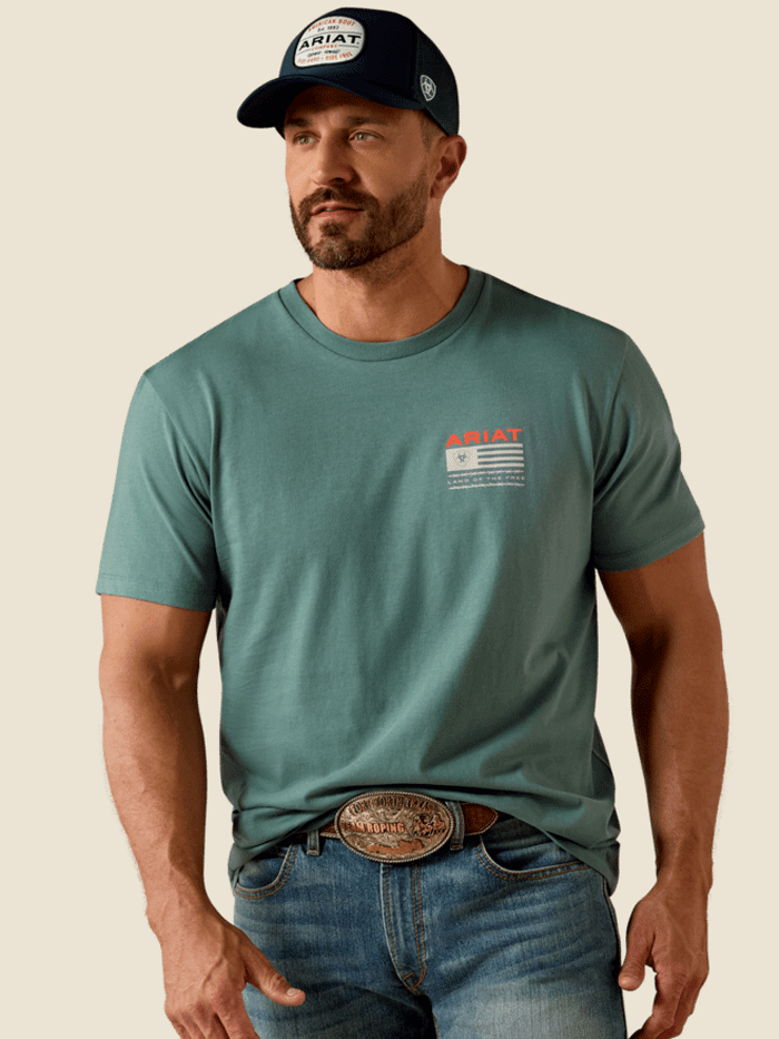 Ariat 10061355 Mens Hidden Valley Flag Classic Fit T-Shirt Pine Teal back view. If you need any assistance with this item or the purchase of this item please call us at five six one seven four eight eight eight zero one Monday through Saturday 10:00a.m EST to 8:00 p.m EST
