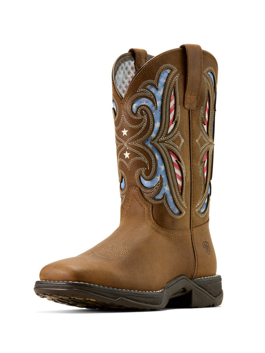 Ariat 10074311 Womens Anthem Proud VentTEK Square Toe Western Boot Aged Tan side / front view. If you need any assistance with this item or the purchase of this item please call us at five six one seven four eight eight eight zero one Monday through Saturday 10:00a.m EST to 8:00 p.m EST