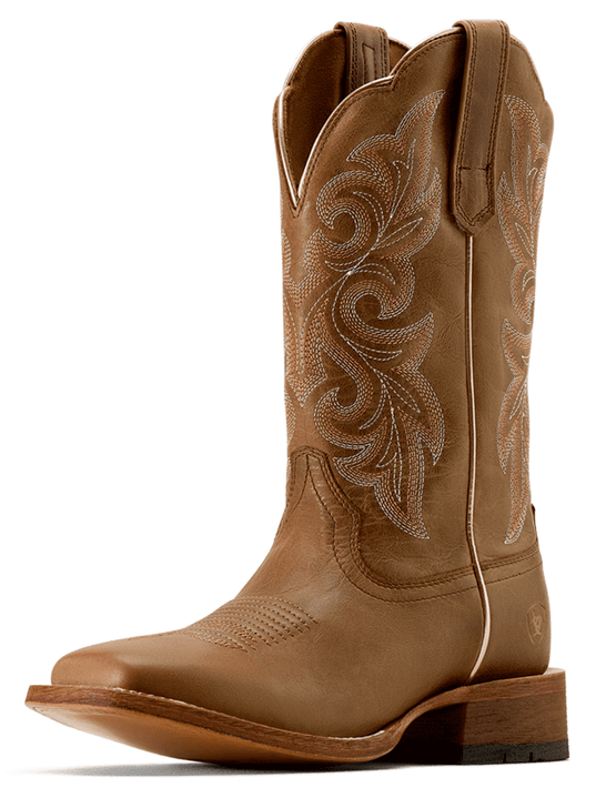 Ariat 10074374 Womens County Lane Wide Square Toe Western Boot Natural Tan side / front view. If you need any assistance with this item or the purchase of this item please call us at five six one seven four eight eight eight zero one Monday through Saturday 10:00a.m EST to 8:00 p.m EST