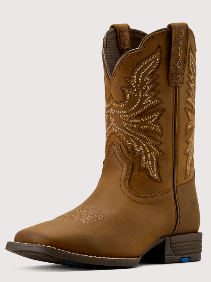 Ariat 10074190 Youth Westwood Wide Square Toe Western Boot Distressed Brown front and side view. If you need any assistance with this item or the purchase of this item please call us at five six one seven four eight eight eight zero one Monday through Saturday 10:00a.m EST to 8:00 p.m EST
