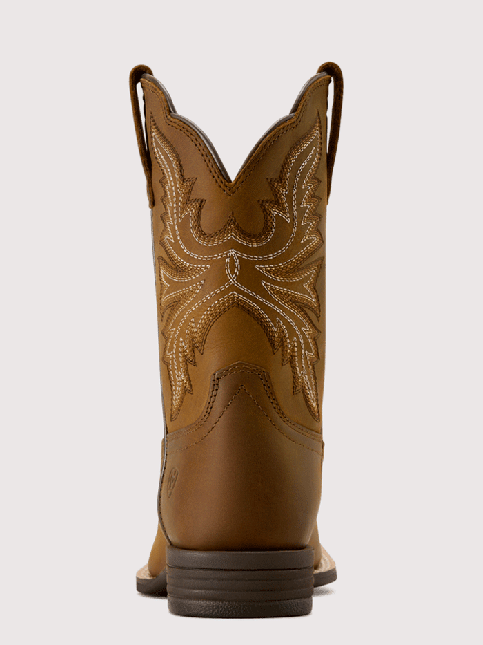 Ariat 10074190 Youth Westwood Wide Square Toe Western Boot Distressed Brown front and side view. If you need any assistance with this item or the purchase of this item please call us at five six one seven four eight eight eight zero one Monday through Saturday 10:00a.m EST to 8:00 p.m EST
