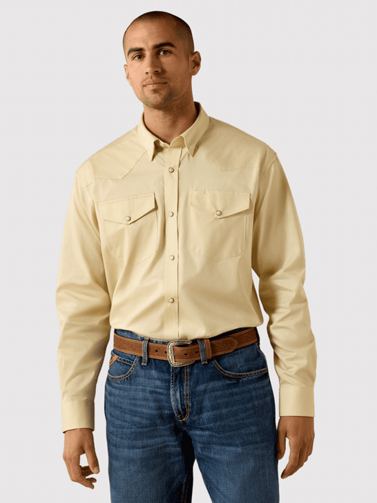 Ariat 10071235 Mens Lightweight Twill Classic Fit Snap Shirt Creme Brulee front view. If you need any assistance with this item or the purchase of this item please call us at five six one seven four eight eight eight zero one Monday through Saturday 10:00a.m EST to 8:00 p.m EST
