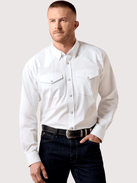Ariat 10071236 Mens Lightweight Twill Classic Fit Snap Shirt White front view. If you need any assistance with this item or the purchase of this item please call us at five six one seven four eight eight eight zero one Monday through Saturday 10:00a.m EST to 8:00 p.m EST
