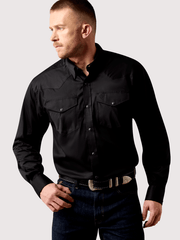 Ariat 10071237 Mens Lightweight Twill Classic Fit Snap Shirt Black front view. If you need any assistance with this item or the purchase of this item please call us at five six one seven four eight eight eight zero one Monday through Saturday 10:00a.m EST to 8:00 p.m EST

