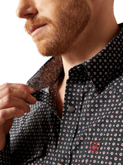 Ariat 10065970 Mens Wrinkle Free Johnson Fitted Shirt Black collar view. If you need any assistance with this item or the purchase of this item please call us at five six one seven four eight eight eight zero one Monday through Saturday 10:00a.m EST to 8:00 p.m EST