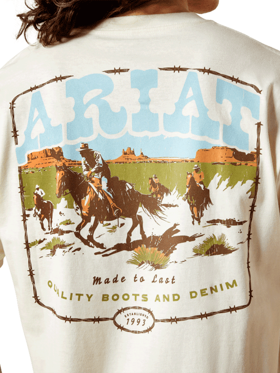 Ariat 10065901 Mens Pulp Western T-Shirt Turtledove Cream back close up view. If you need any assistance with this item or the purchase of this item please call us at five six one seven four eight eight eight zero one Monday through Saturday 10:00a.m EST to 8:00 p.m EST