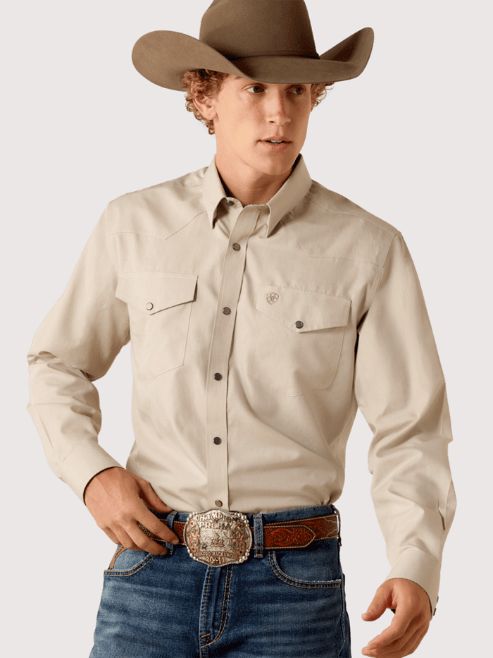 Ariat 10071105 Mens Wrinkle Free Pinpoint Oxford Fitted Snap Shirt Brindle Tan front view. If you need any assistance with this item or the purchase of this item please call us at five six one seven four eight eight eight zero one Monday through Saturday 10:00a.m EST to 8:00 p.m EST
