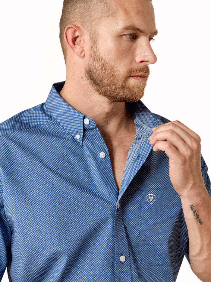 Ariat 10071017 Mens Case Classic Fit Short Sleeve Shirt Ensign Blue Geo Print front view. If you need any assistance with this item or the purchase of this item please call us at five six one seven four eight eight eight zero one Monday through Saturday 10:00a.m EST to 8:00 p.m EST
