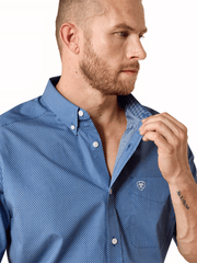 Ariat 10071017 Mens Case Classic Fit Short Sleeve Shirt Ensign Blue Geo Print close up. If you need any assistance with this item or the purchase of this item please call us at five six one seven four eight eight eight zero one Monday through Saturday 10:00a.m EST to 8:00 p.m EST