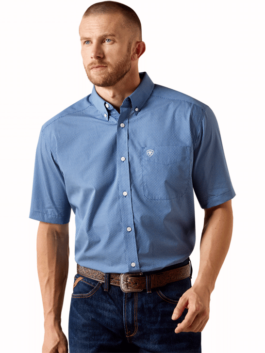 Ariat 10071017 Mens Case Classic Fit Short Sleeve Shirt Ensign Blue Geo Print front view. 