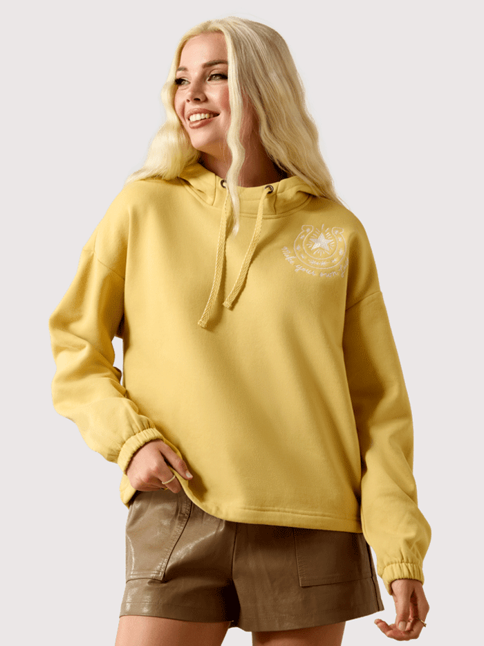 Ariat 10071162 Womens Essential Hoodie Rattan Yellow front view. If you need any assistance with this item or the purchase of this item please call us at five six one seven four eight eight eight zero one Monday through Saturday 10:00a.m EST to 8:00 p.m EST
