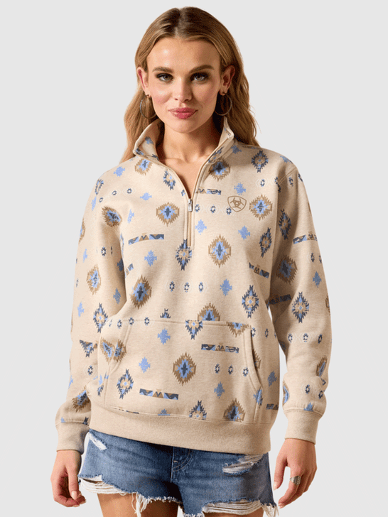 Ariat 10071160 Womens Sapphire Half Zip Sweatshirt Oatmeal Heather front view. If you need any assistance with this item or the purchase of this item please call us at five six one seven four eight eight eight zero one Monday through Saturday 10:00a.m EST to 8:00 p.m EST
