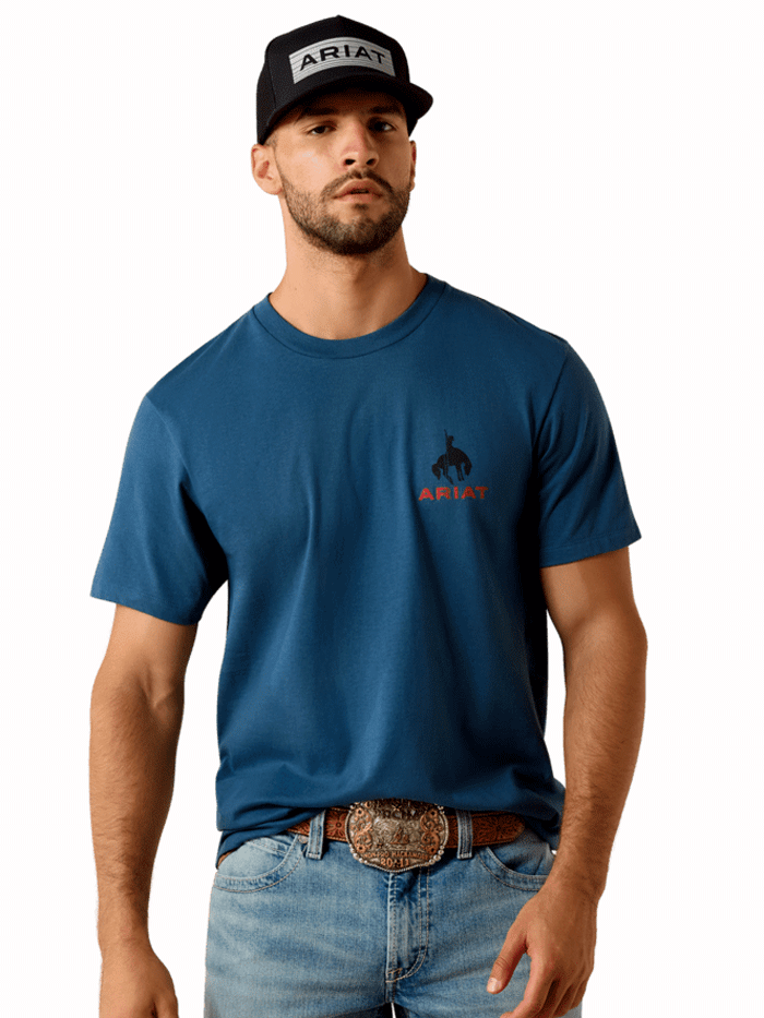 Ariat 10071192 Mens Flag Bronco Classic Fit T-Shirt Key Largo Blue back view. If you need any assistance with this item or the purchase of this item please call us at five six one seven four eight eight eight zero one Monday through Saturday 10:00a.m EST to 8:00 p.m EST
