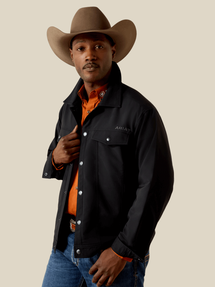 Ariat 10072732 Mens Wagoner Lightweight Jacket Black front view. If you need any assistance with this item or the purchase of this item please call us at five six one seven four eight eight eight zero one Monday through Saturday 10:00a.m EST to 8:00 p.m EST
