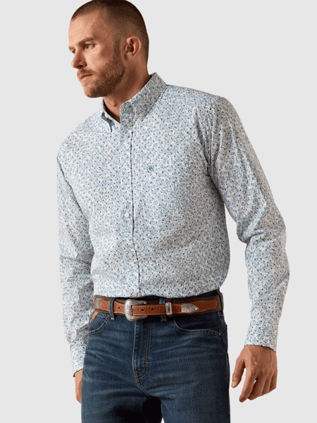 Ariat 10071599 Mens Jennings Fitted Long Sleeve Shirt Vine Floral Blue front view. If you need any assistance with this item or the purchase of this item please call us at five six one seven four eight eight eight zero one Monday through Saturday 10:00a.m EST to 8:00 p.m EST
