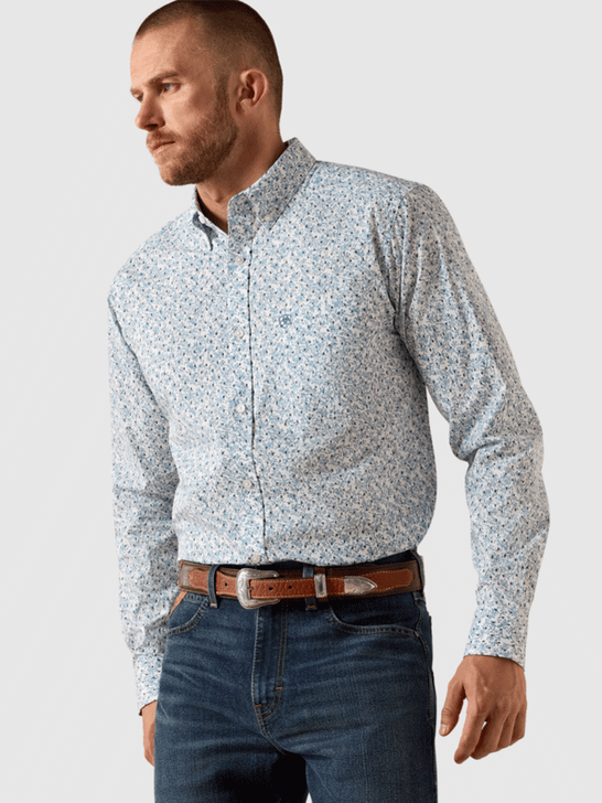 Ariat 10071599 Mens Jennings Fitted Long Sleeve Shirt Vine Floral Blue front view. If you need any assistance with this item or the purchase of this item please call us at five six one seven four eight eight eight zero one Monday through Saturday 10:00a.m EST to 8:00 p.m EST
