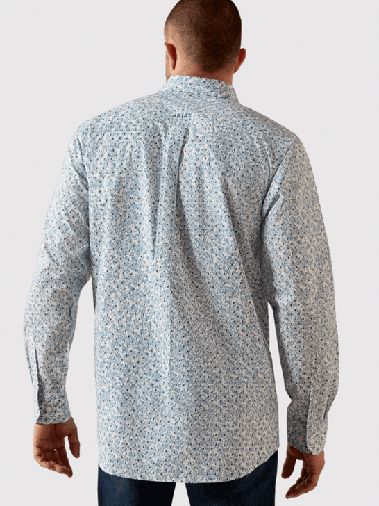 Ariat 10071599 Mens Jennings Fitted Long Sleeve Shirt Vine Floral Blue back view. If you need any assistance with this item or the purchase of this item please call us at five six one seven four eight eight eight zero one Monday through Saturday 10:00a.m EST to 8:00 p.m EST
