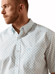 Ariat 10071728 Mens Packert Classic Fit Short Sleeve Shirt White Medallion close up. If you need any assistance with this item or the purchase of this item please call us at five six one seven four eight eight eight zero one Monday through Saturday 10:00a.m EST to 8:00 p.m EST