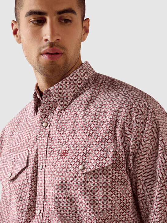 Ariat 10071723 Mens Truth Classic Fit Long Sleeve Shirt Medallion Print Brick Red front close up view. If you need any assistance with this item or the purchase of this item please call us at five six one seven four eight eight eight zero one Monday through Saturday 10:00a.m EST to 8:00 p.m EST