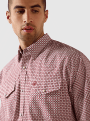 Ariat 10071723 Mens Truth Classic Fit Long Sleeve Shirt Medallion Print Brick Red front close up view. If you need any assistance with this item or the purchase of this item please call us at five six one seven four eight eight eight zero one Monday through Saturday 10:00a.m EST to 8:00 p.m EST