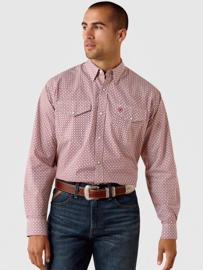 Ariat 10071723 Mens Truth Classic Fit Long Sleeve Shirt Medallion Print Brick Red front view. If you need any assistance with this item or the purchase of this item please call us at five six one seven four eight eight eight zero one Monday through Saturday 10:00a.m EST to 8:00 p.m EST
