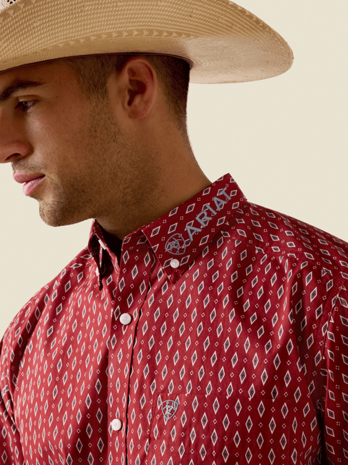 Ariat 10071758 Mens Team Willow Fitted Long Sleeve Shirt Red front and side view. If you need any assistance with this item or the purchase of this item please call us at five six one seven four eight eight eight zero one Monday through Saturday 10:00a.m EST to 8:00 p.m EST
