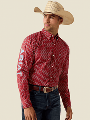 Ariat 10071758 Mens Team Willow Fitted Long Sleeve Shirt Red front and side view. If you need any assistance with this item or the purchase of this item please call us at five six one seven four eight eight eight zero one Monday through Saturday 10:00a.m EST to 8:00 p.m EST
