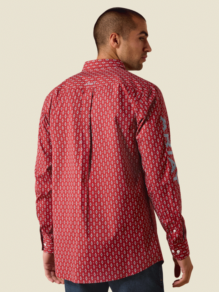 Ariat 10071758 Mens Team Willow Fitted Long Sleeve Shirt Red front and side view. If you need any assistance with this item or the purchase of this item please call us at five six one seven four eight eight eight zero one Monday through Saturday 10:00a.m EST to 8:00 p.m EST
