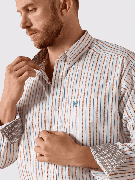 Ariat 10071751 Mens Wrinkle Free Augustine Classic Fit Shirt White Serape Stripe front close up view. If you need any assistance with this item or the purchase of this item please call us at five six one seven four eight eight eight zero one Monday through Saturday 10:00a.m EST to 8:00 p.m EST