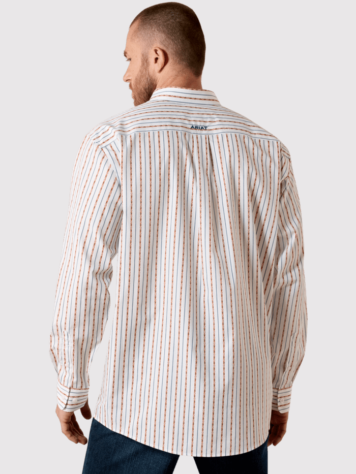 Ariat 10071751 Mens Wrinkle Free Augustine Classic Fit Shirt White Serape Stripe front view. If you need any assistance with this item or the purchase of this item please call us at five six one seven four eight eight eight zero one Monday through Saturday 10:00a.m EST to 8:00 p.m EST
