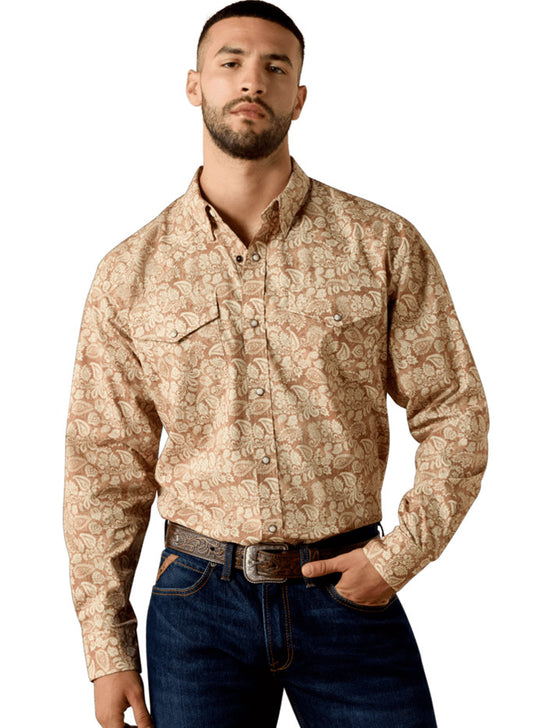 Ariat 10073620 Mens Fynn Classic Fit Snap Shirt Paisley Print Natural front view. If you need any assistance with this item or the purchase of this item please call us at five six one seven four eight eight eight zero one Monday through Saturday 10:00a.m EST to 8:00 p.m EST