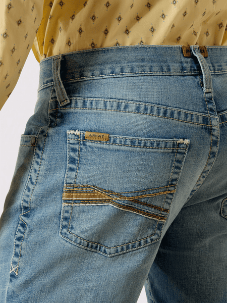 Ariat 10072948 Mens M4 Low Rise Gus Relaxed Boot Cut Jean Kayne back close up. If you need any assistance with this item or the purchase of this item please call us at five six one seven four eight eight eight zero one Monday through Saturday 10:00a.m EST to 8:00 p.m EST