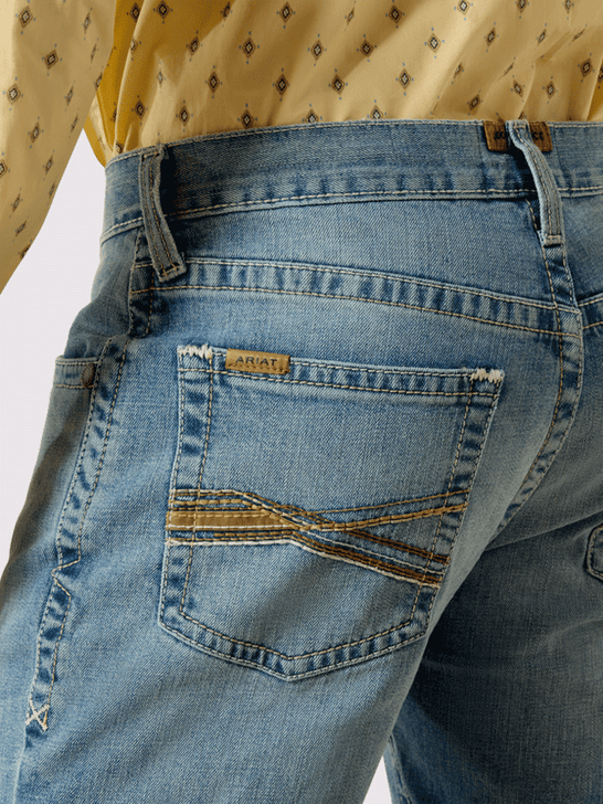 Ariat 10072948 Mens M4 Low Rise Gus Relaxed Boot Cut Jean Kayne back close up. If you need any assistance with this item or the purchase of this item please call us at five six one seven four eight eight eight zero one Monday through Saturday 10:00a.m EST to 8:00 p.m EST